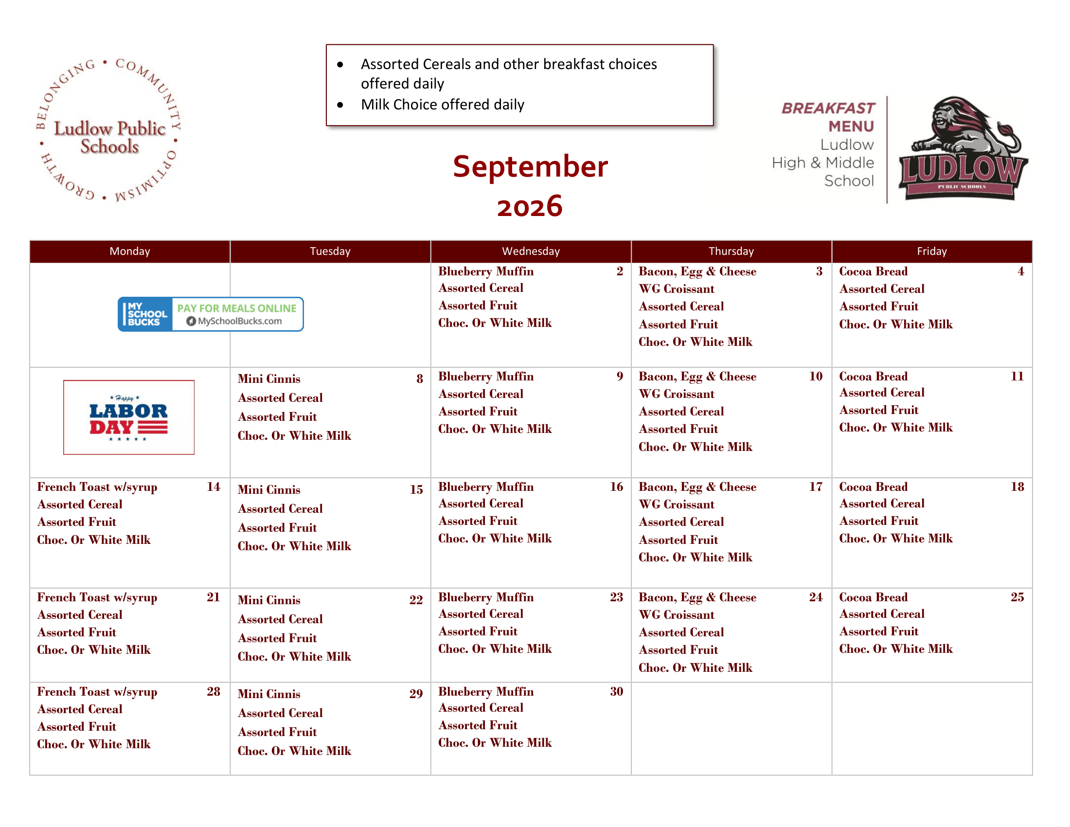 September 2026 breakfast calendar